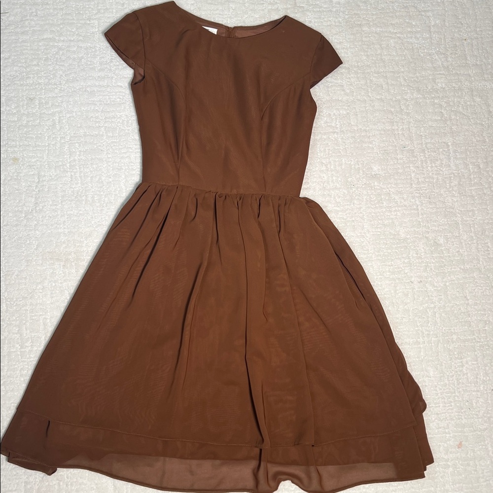 Vintage Dress First brown flare layered short cap sleeves covered buttons retro - Picture 2 of 12